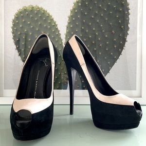 Giuseppe Zanotti Design black suede & cream satin platform prep-toe heels